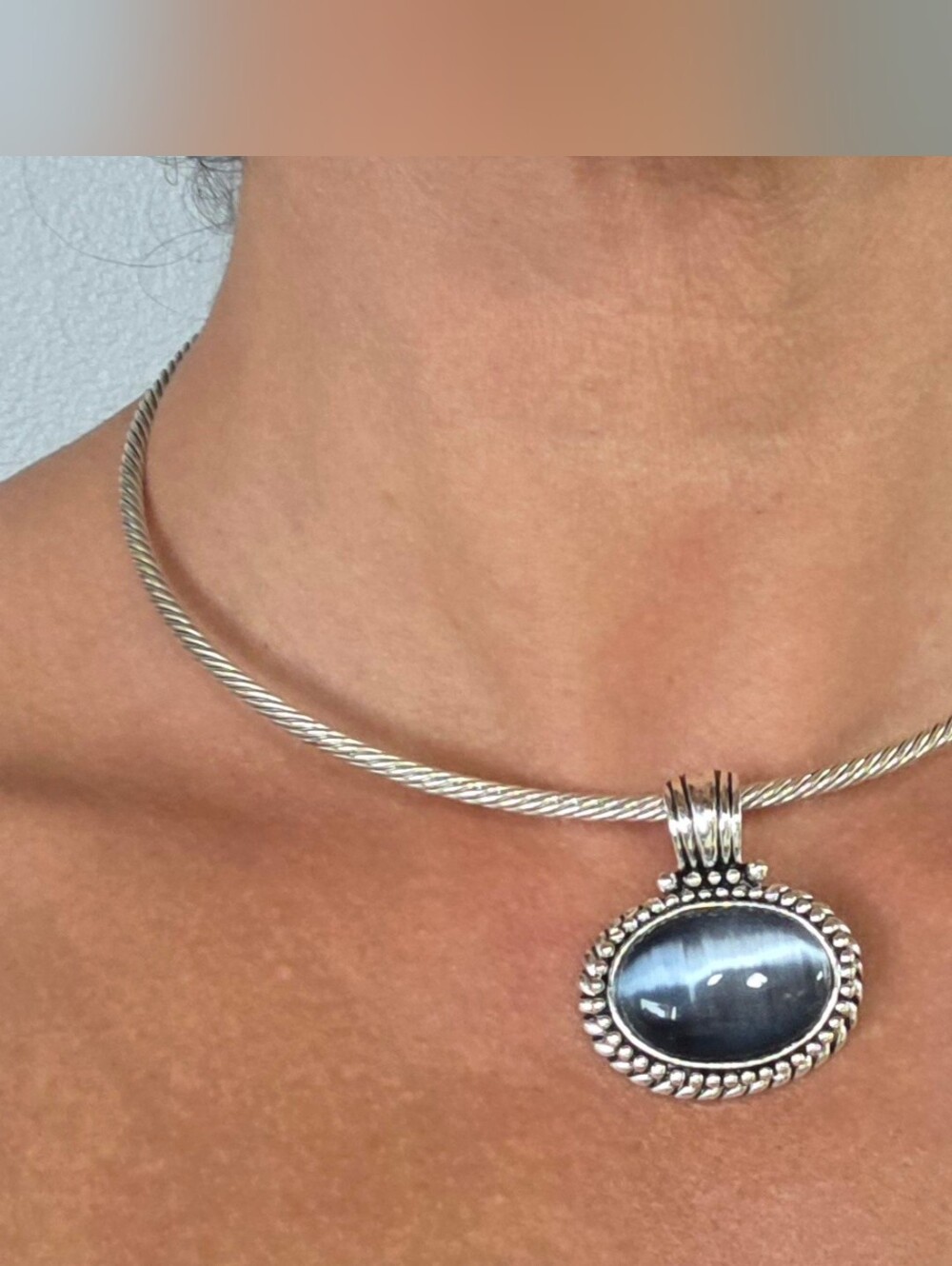 Silver Tone Blue Cat's Eye Pendant Necklace - Women's Jewelry